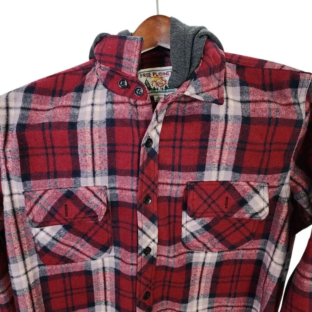 Free Planet Flannel Shirt Jacket with Hood Red Plaid 100% Cotton Mens Size Large
